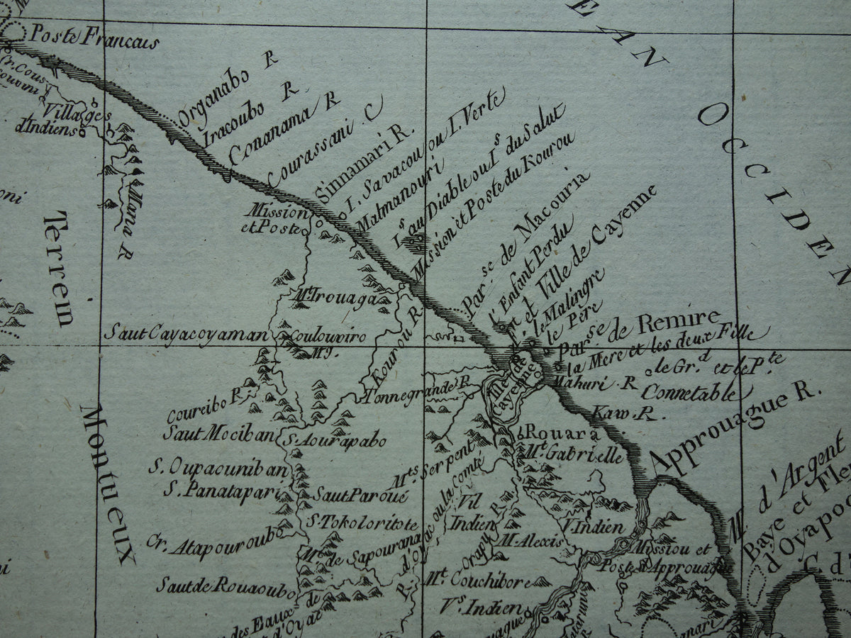 FRENCH GUIANA Old map of French Guiana with Suriname Original vintage French Bonne map from 1784