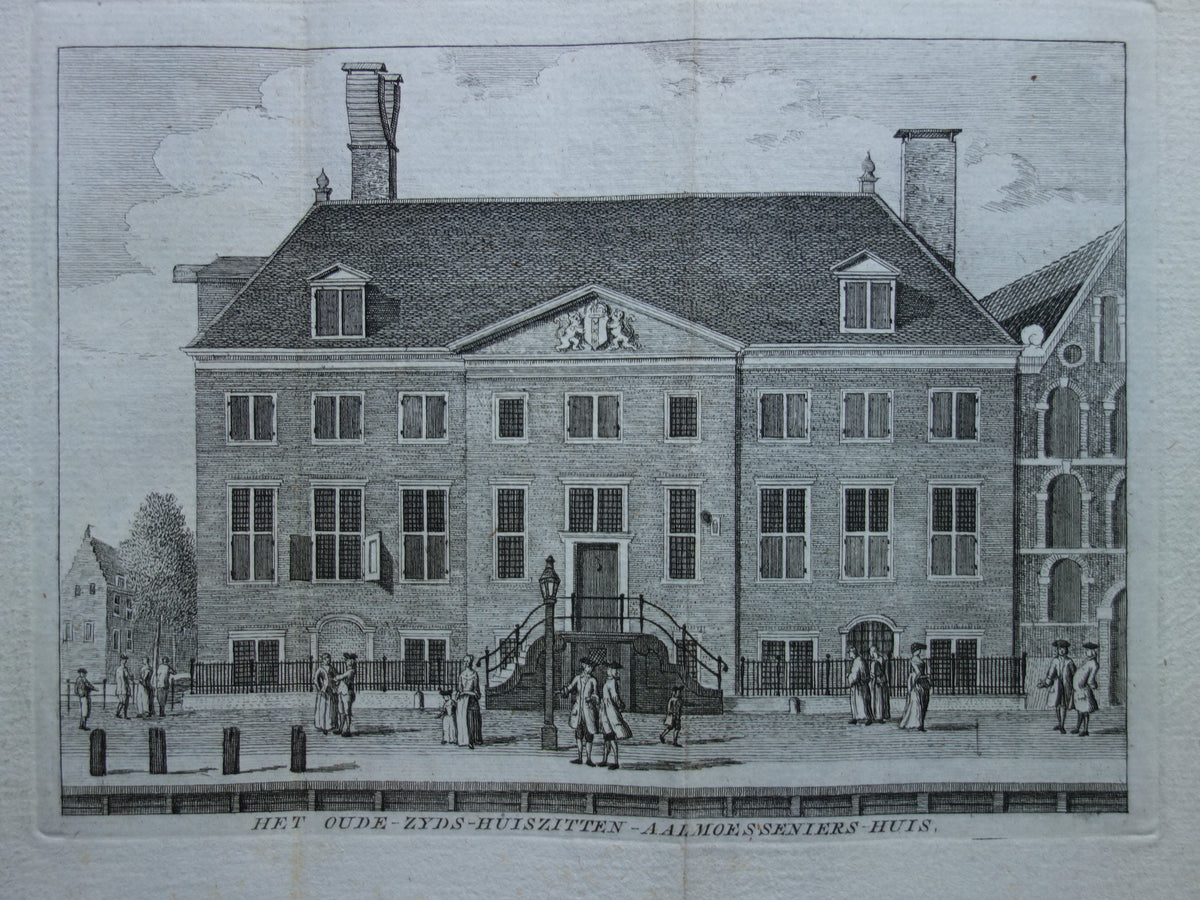 Antique print of Academy of Architecture / Oudezijds Huiszittinghuis in Amsterdam Original antique engraving Huiszittingaalmoerenhuis Waterlooplein Historic cityscape Vintage Print