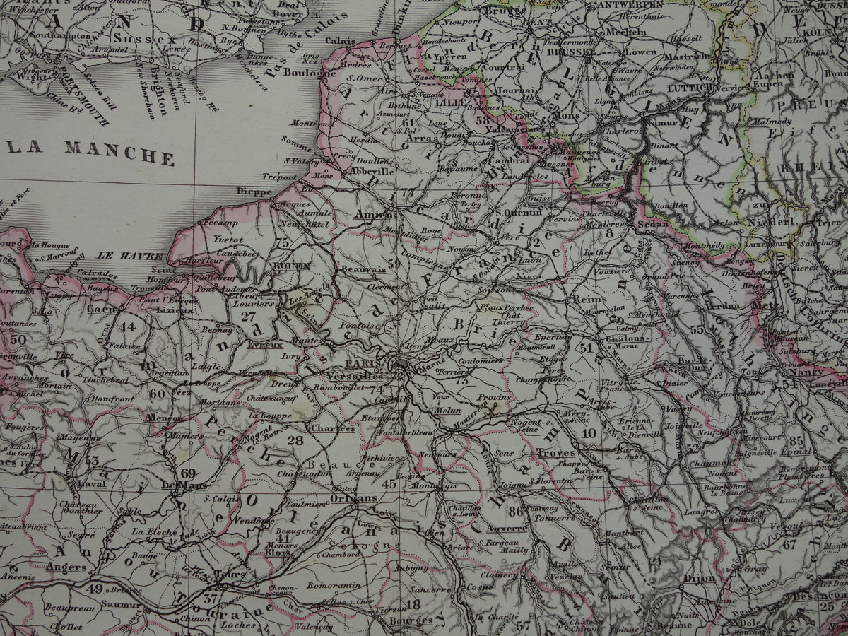 FRANKRIJK oude landkaart van Frankrijk 1877 originele antieke kaart/poster met jaartal