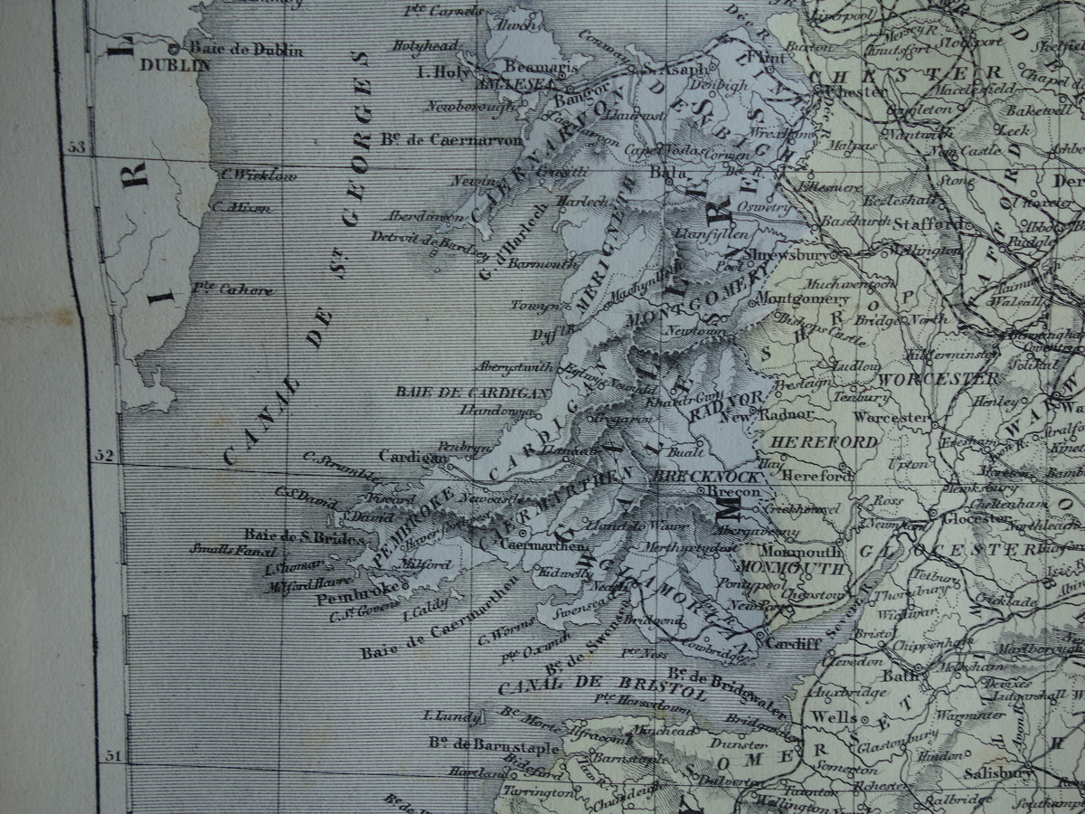 Antieke Franse landkaart van Engeland en Wales - Handgekleurde oude kaart Engeland
