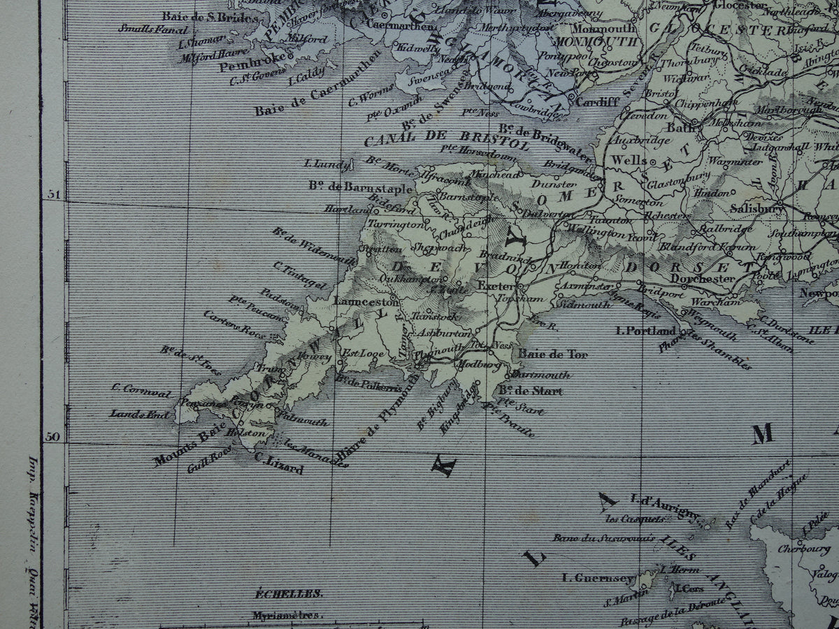 Antieke Franse landkaart van Engeland en Wales - Handgekleurde oude kaart Engeland