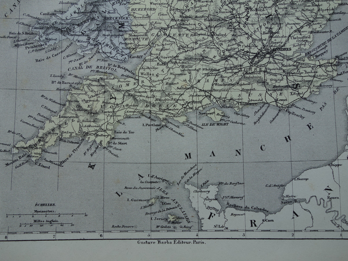 Antieke Franse landkaart van Engeland en Wales - Handgekleurde oude kaart Engeland