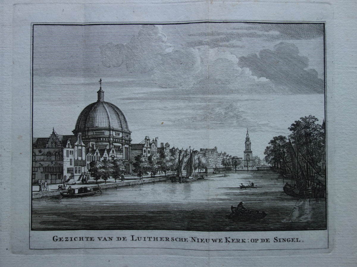 Antieke prent van Het Singel in Amsterdam Originele oude gravure Ronde Lutherse Kerk Koepelkerk Historisch stadsgezicht Vintage Print