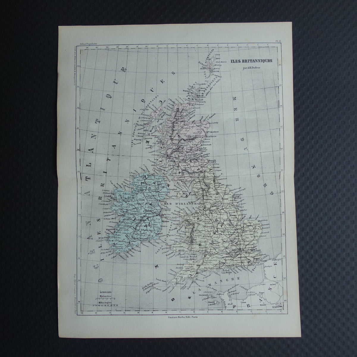 Groot-Brittannië en Ierland Oude Franse kaart uit 1858 van de Britse eilanden, Verenigd Koninkrijk, Wales, Engeland Originele antieke landkaart