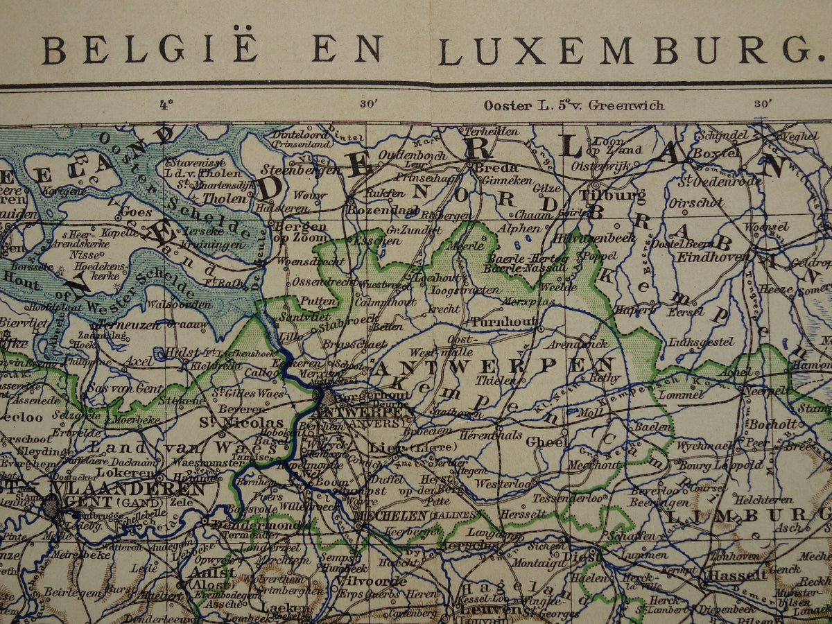 Old map of Belgium from 1906 original antique Dutch map of Belgium