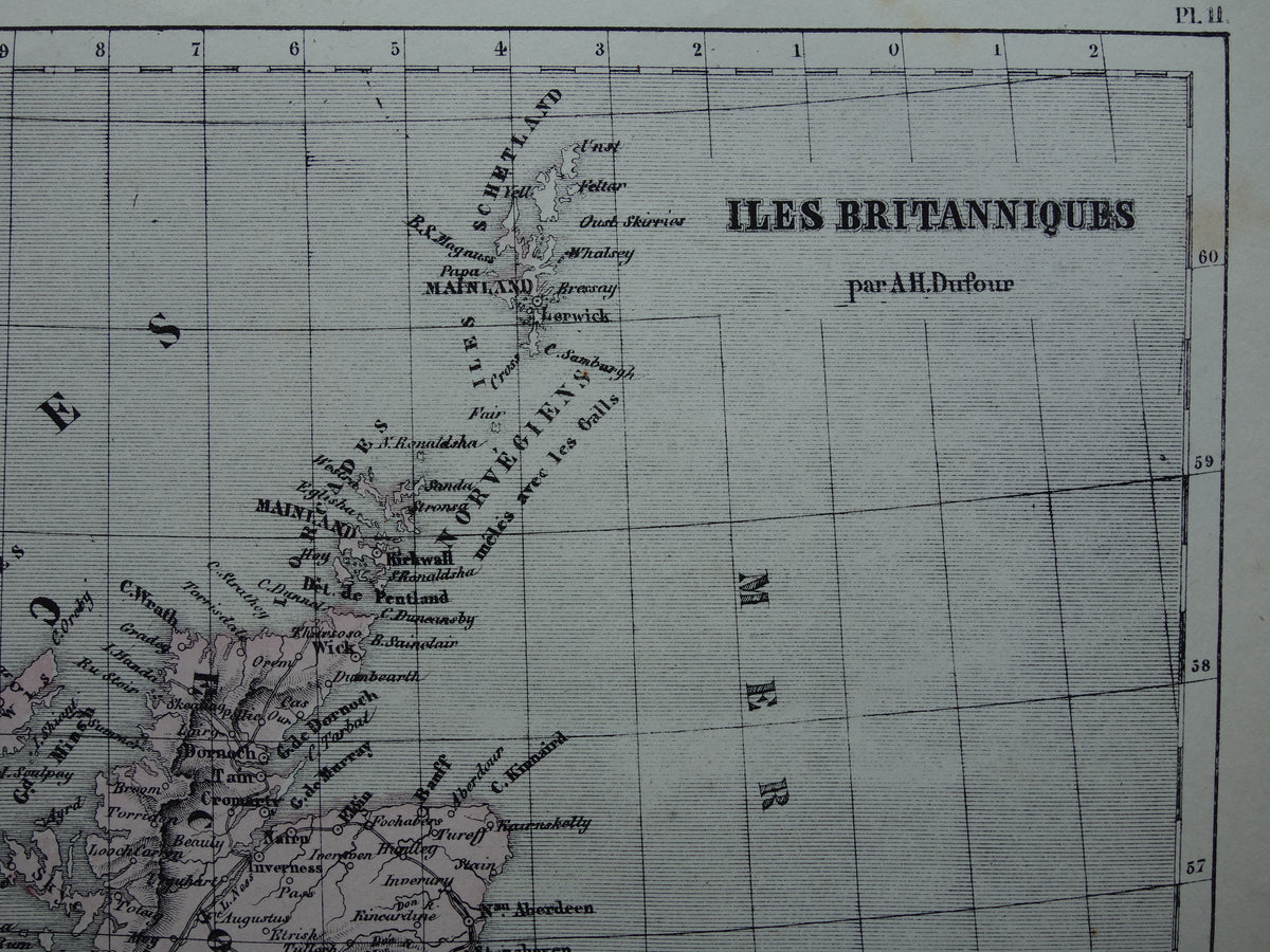 Groot-Brittannië en Ierland Oude Franse kaart uit 1858 van de Britse eilanden, Verenigd Koninkrijk, Wales, Engeland Originele antieke landkaart