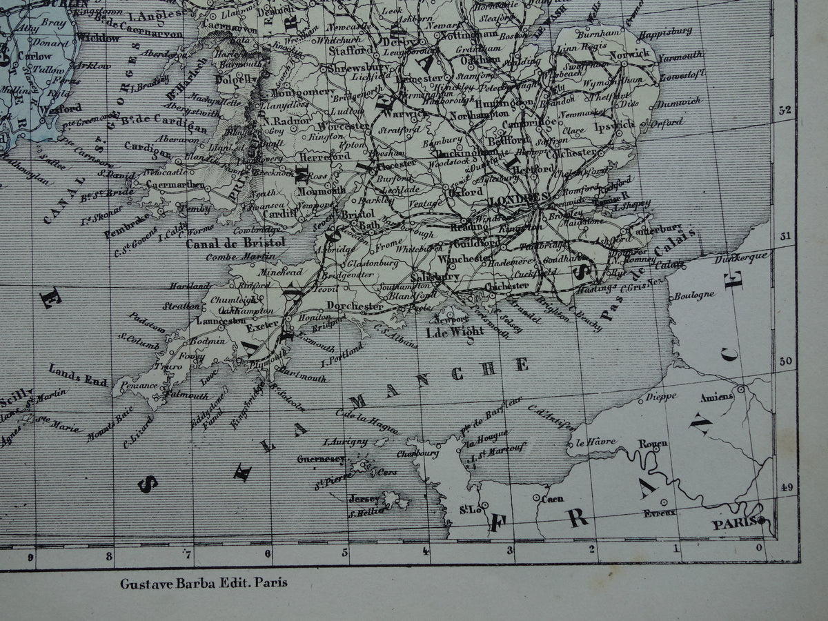 Groot-Brittannië en Ierland Oude Franse kaart uit 1858 van de Britse eilanden, Verenigd Koninkrijk, Wales, Engeland Originele antieke landkaart