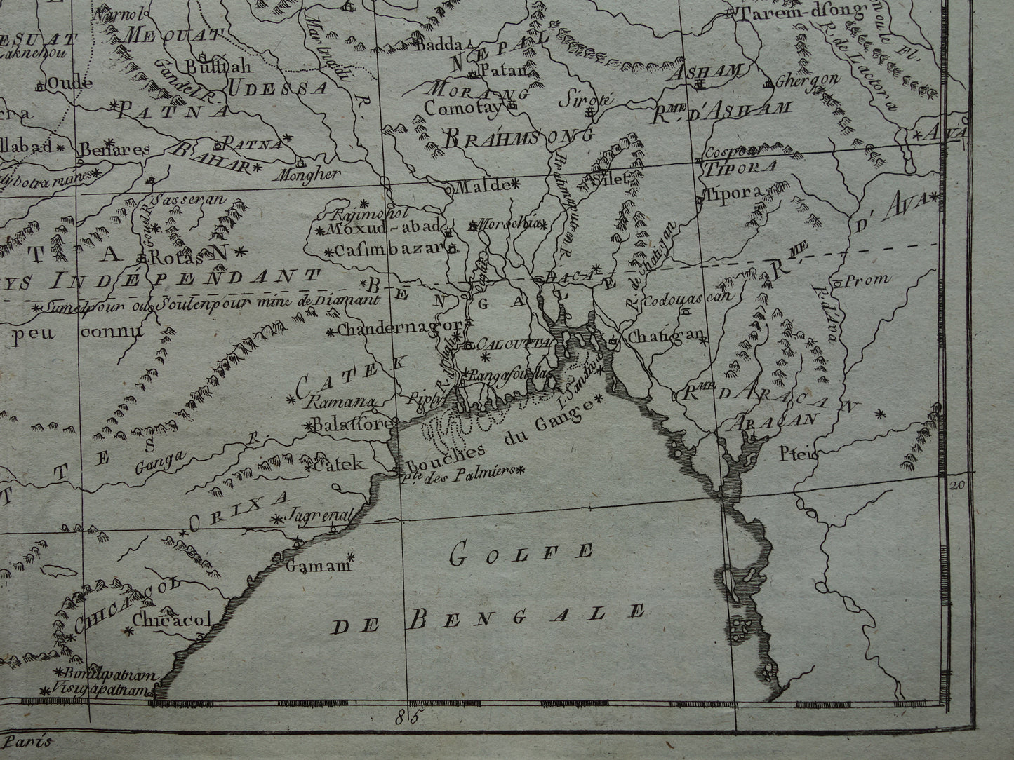 Antike Karte von Nordindien und Nepal aus dem Jahr 1780, originale alte Karte, Vintage-Ganges-Druck