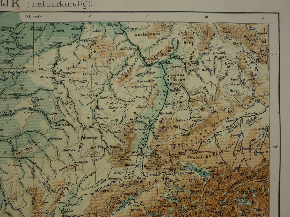 FRANKRIJK oude Nederlandse kaart van Frankrijk uit 1907 originele antieke landkaart hoogtekaart