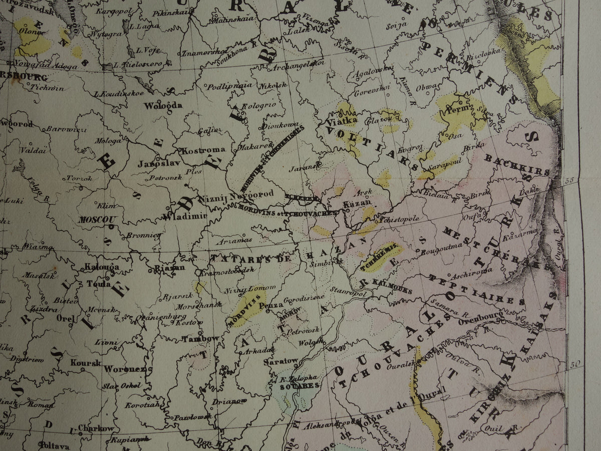 Old ethnographic map of Russia 1858 Antique map of the European part of the Russian Empire