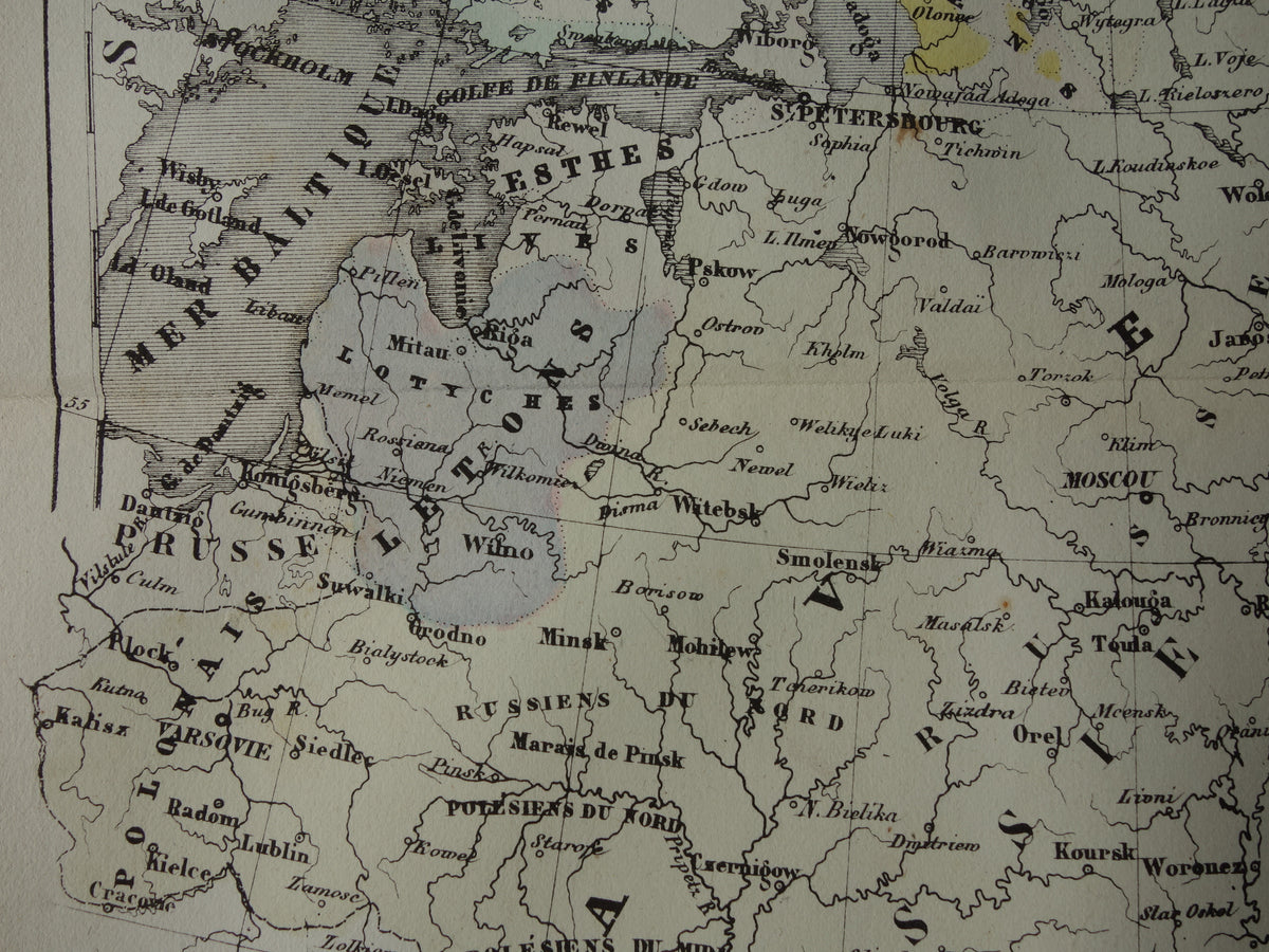 Old ethnographic map of Russia 1858 Antique map of the European part of the Russian Empire