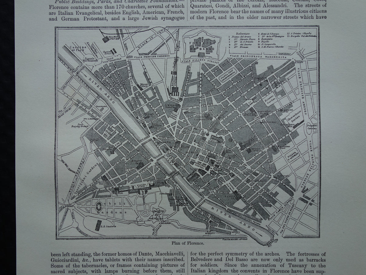 Florence kleine antieke plattegrond uit 1879 jaar oude Engelse kaart