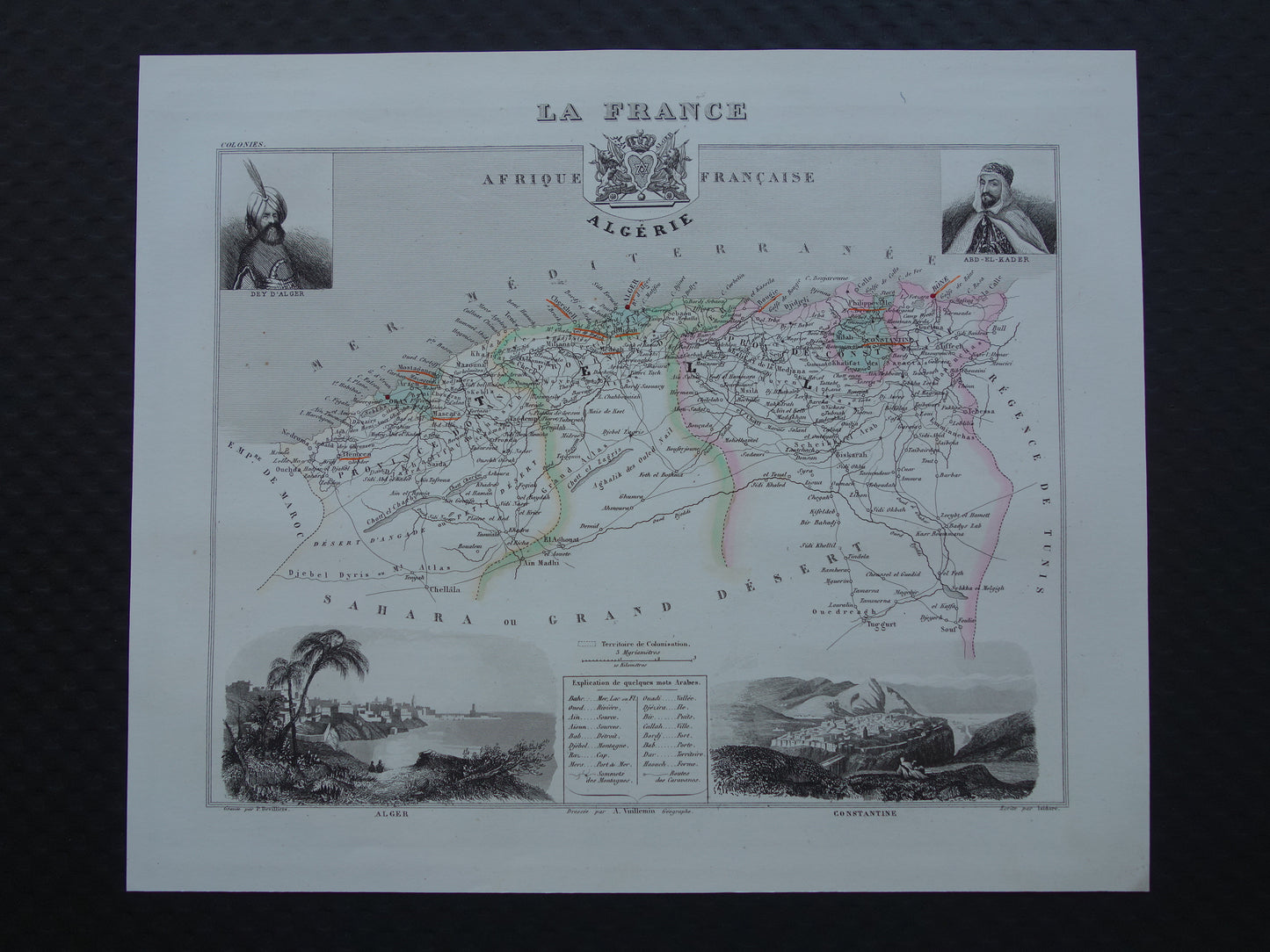 Map of Algeria from 1856 - original 170+ year old hand-colored French map of Algeria