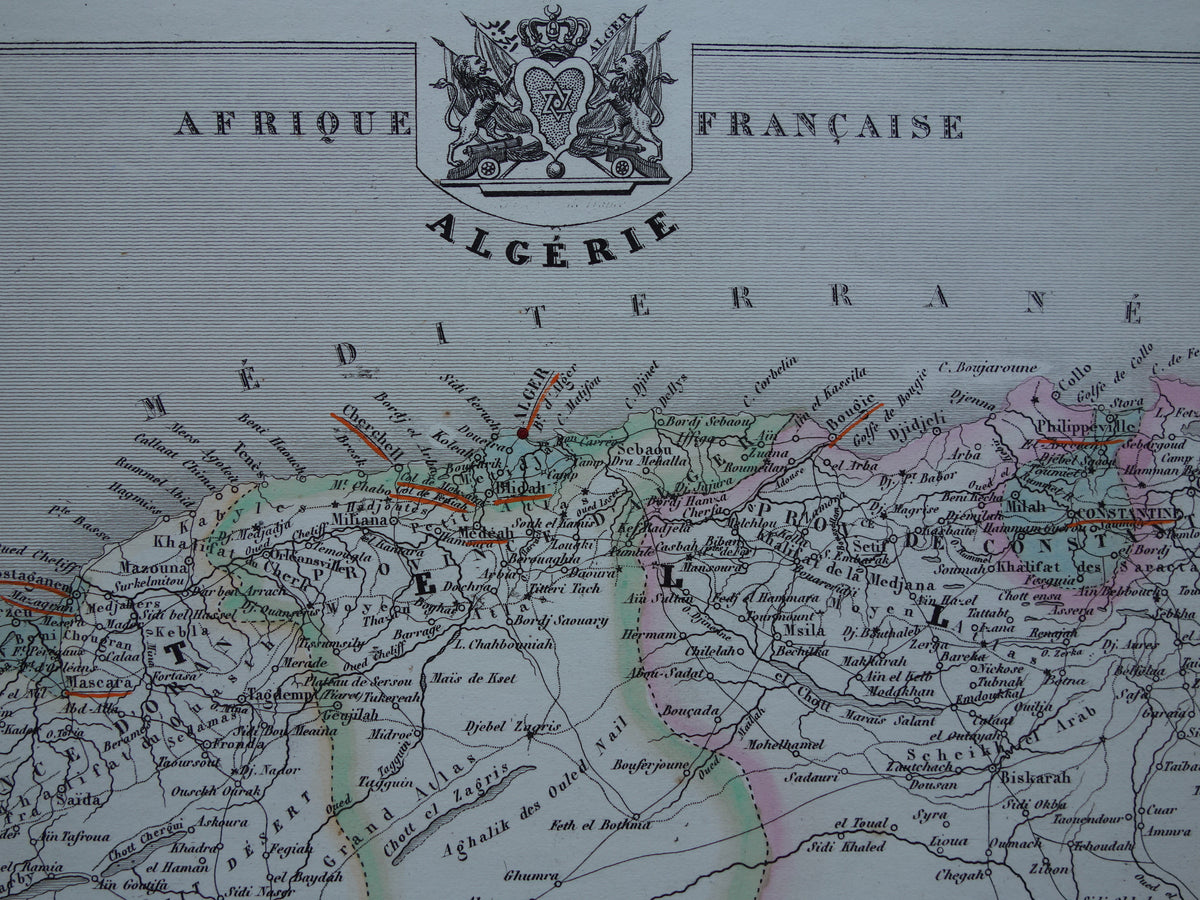 Landkaart van Algerije uit 1856 - originele 170+ jaar oude handgekleurde Franse kaart van Algerije