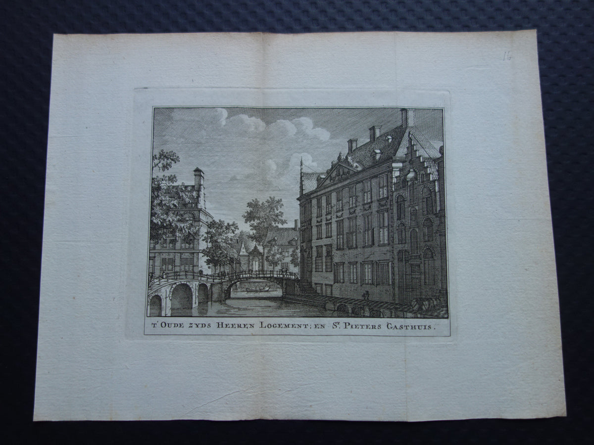 T' Oude zyds Heeren Logement en St. Pieters Gasthuis gravure prent 1770 wagenaar