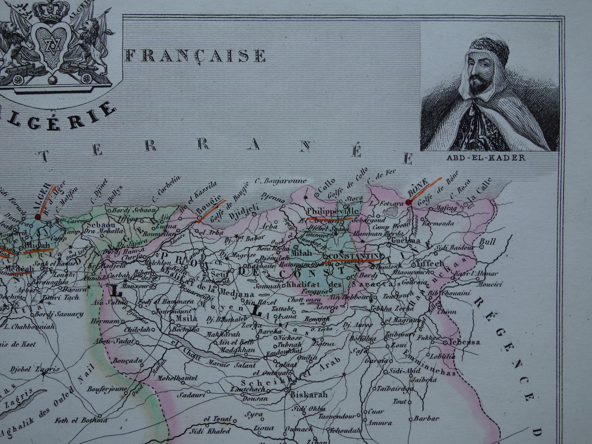 Landkaart van Algerije uit 1856 - originele 170+ jaar oude handgekleurde Franse kaart van Algerije