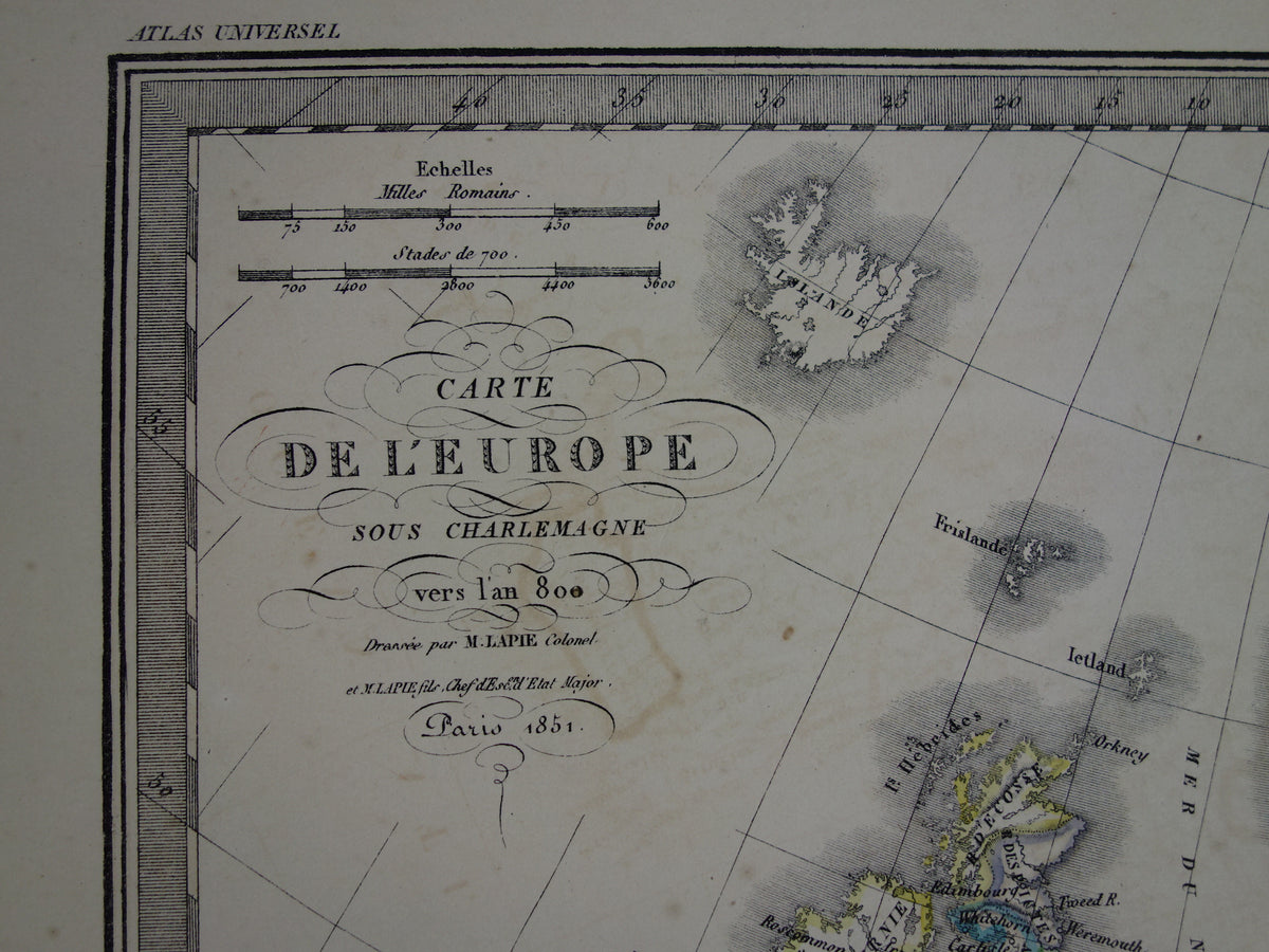 Antieke kaart van Europa ten tijde Karel de Grote in het jaar 800 en Keizer Karel V in jaar 1500 - originele oude landkaart uit 1851