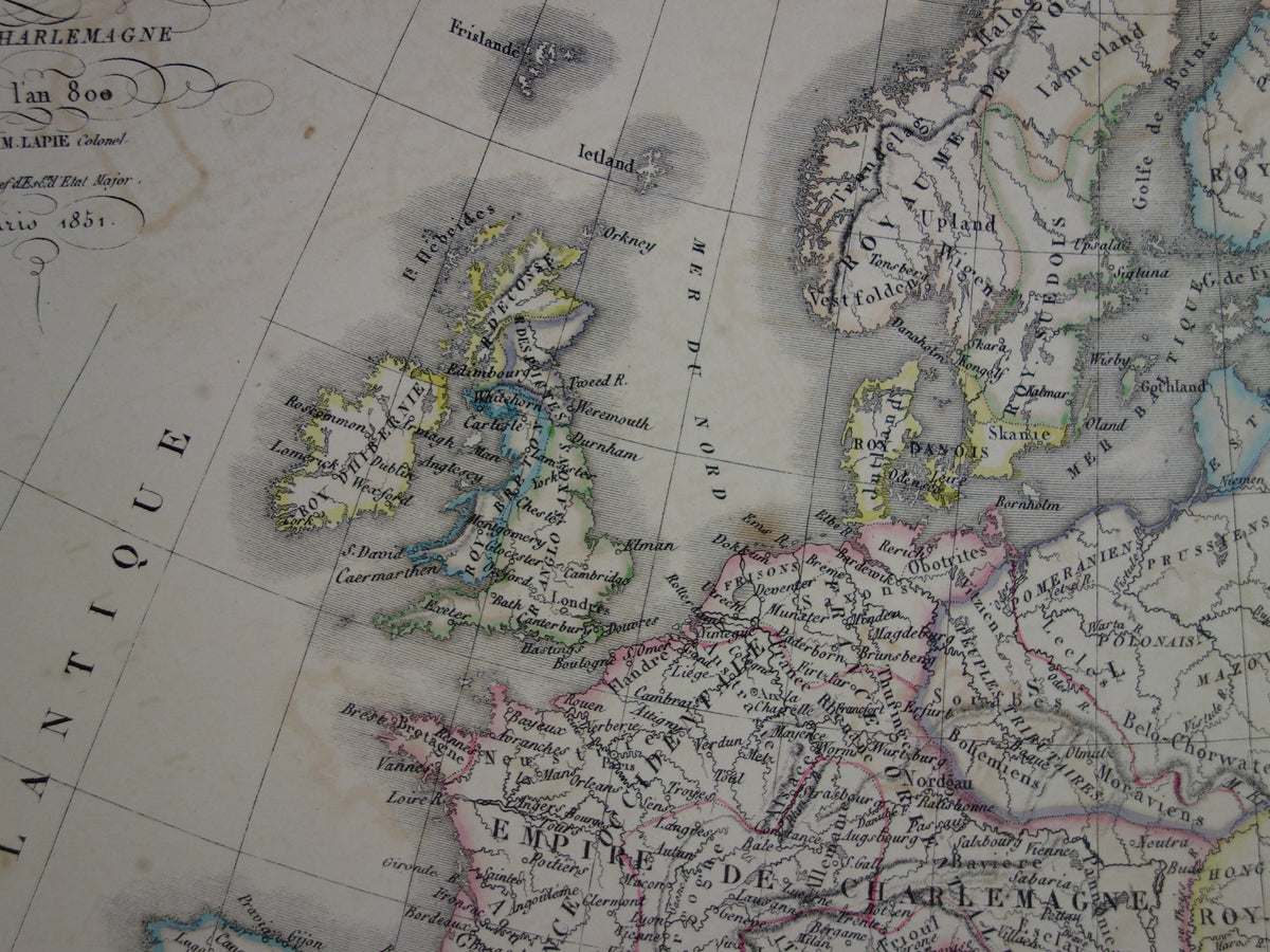 Antieke kaart van Europa ten tijde Karel de Grote in het jaar 800 en Keizer Karel V in jaar 1500 - originele oude landkaart uit 1851