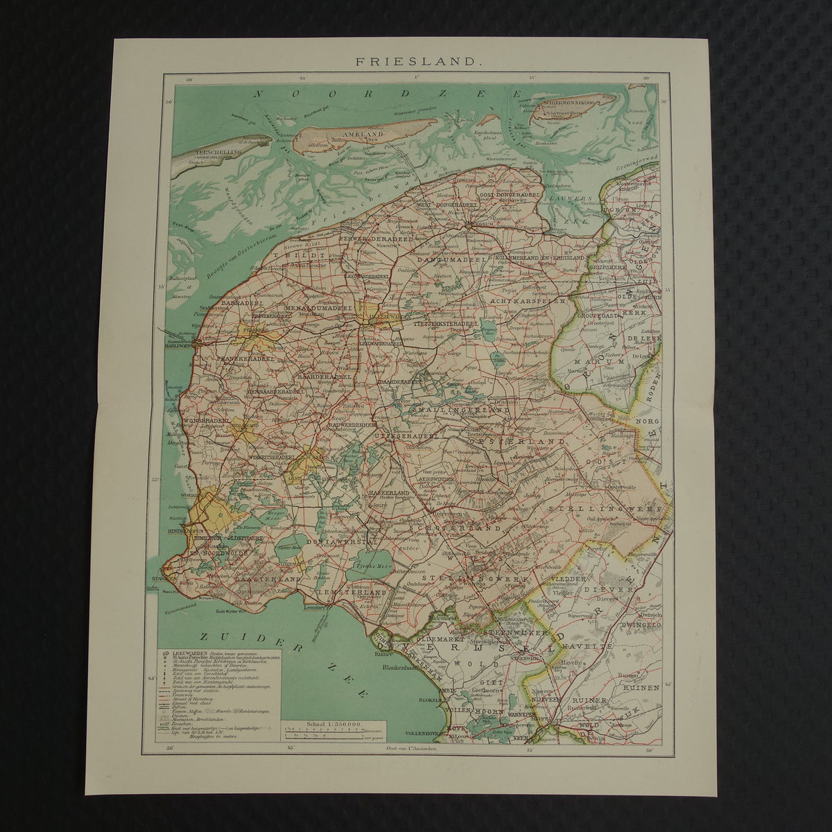 FRIESLAND Oude kaart van de provincie Friesland uit 1907 originele vintage historische landkaart