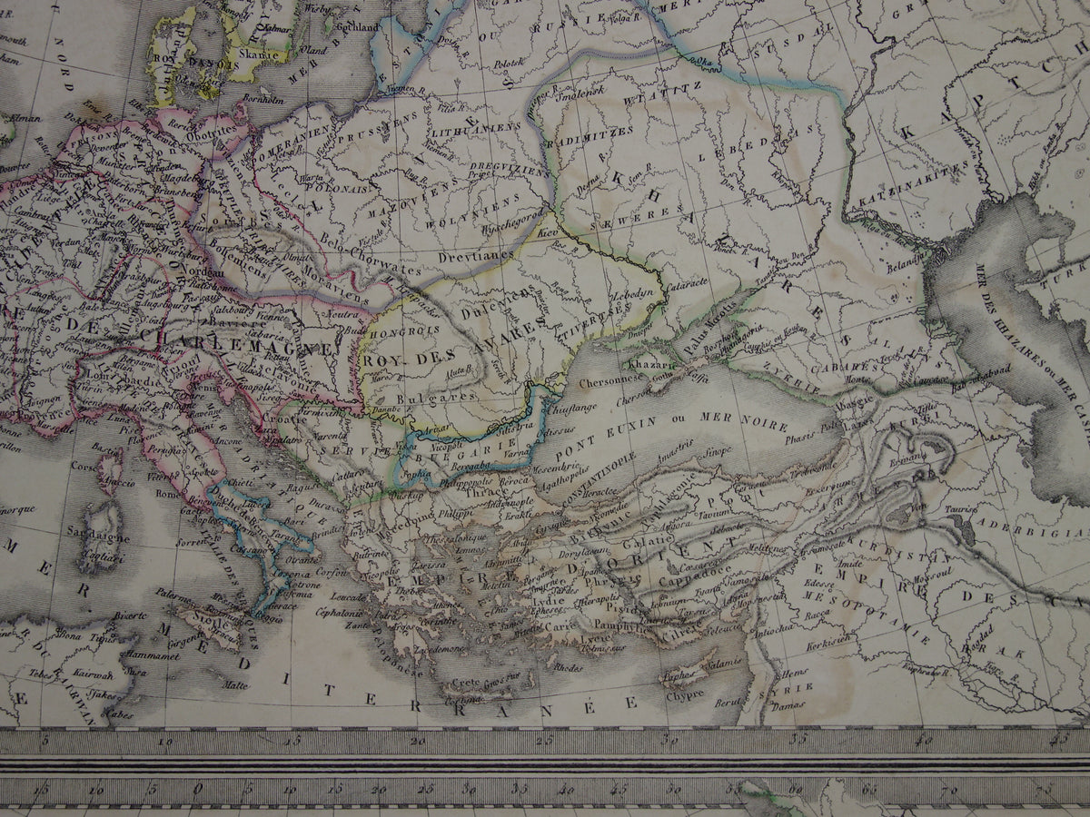 Antieke kaart van Europa ten tijde Karel de Grote in het jaar 800 en Keizer Karel V in jaar 1500 - originele oude landkaart uit 1851