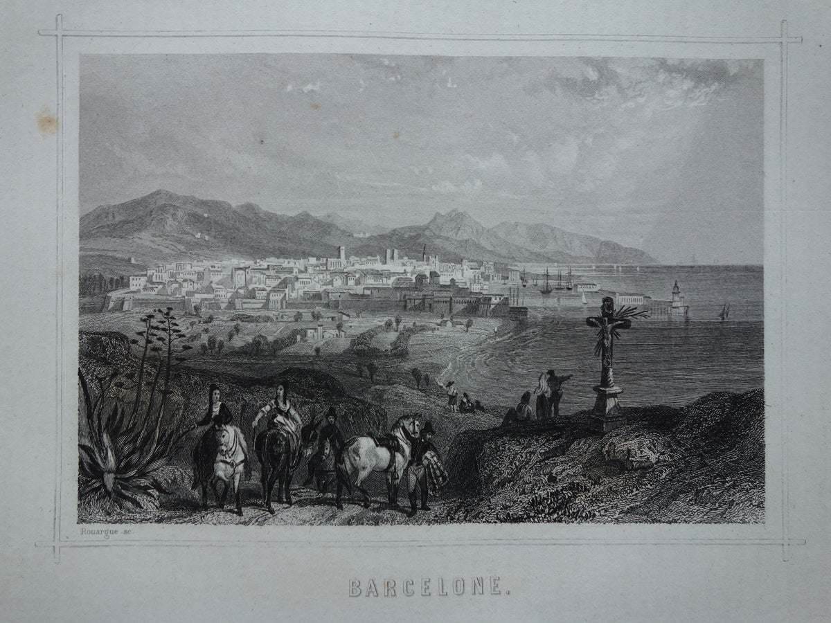 Stadsgezicht van Barcelona uit 1852 antieke print
