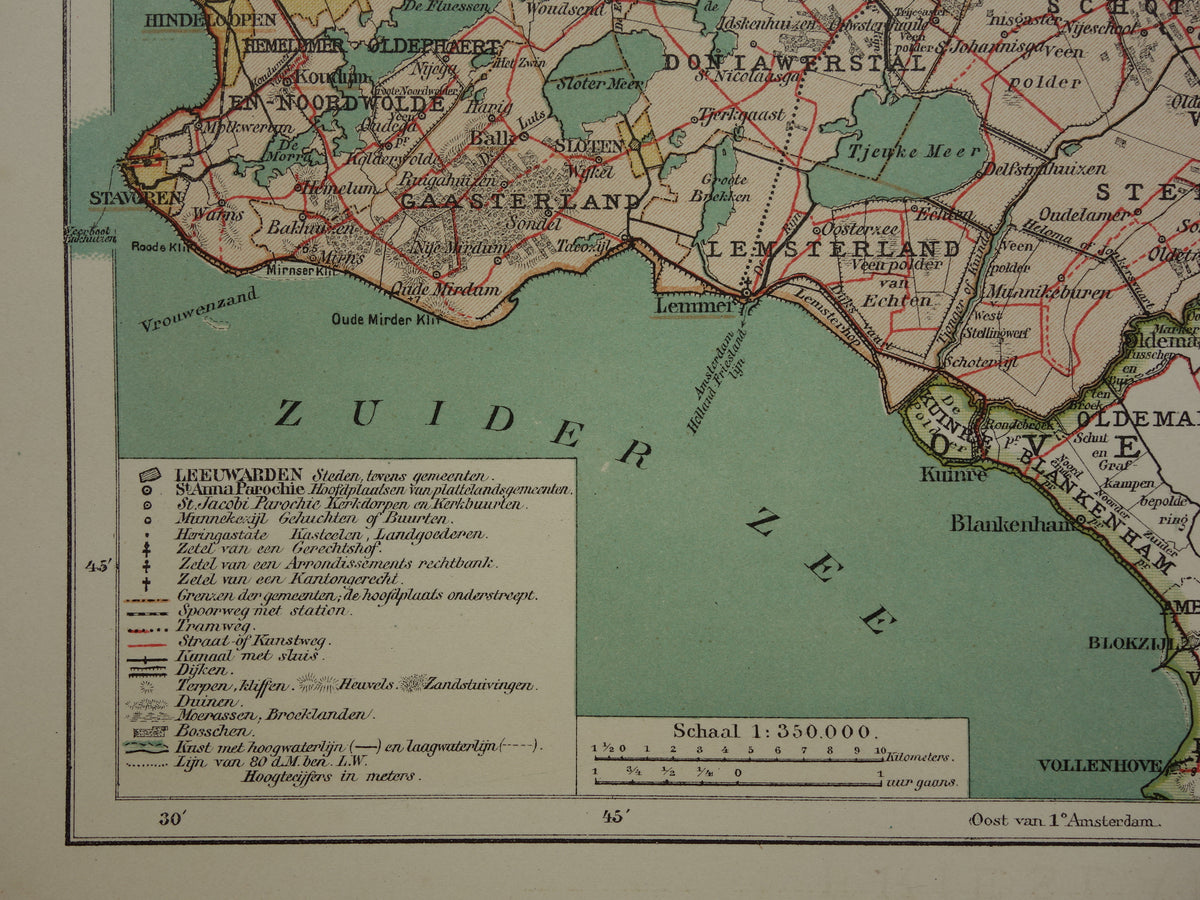 FRIESLAND Old map of the province of Friesland from 1907 original vintage historical map