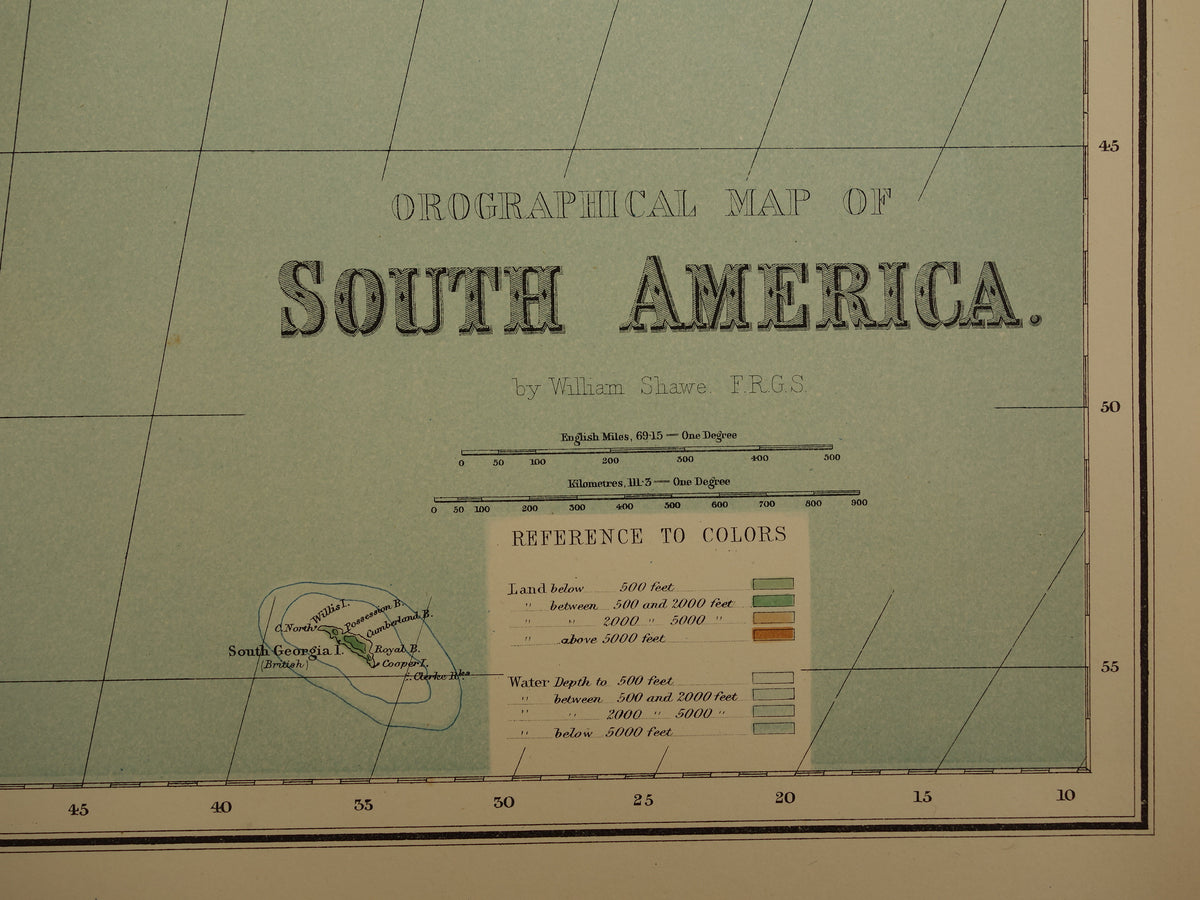 ZUID AMERIKA grote oude kaart van Zuid-Amerika 130+ jaar oude landkaart van continent uit 1890 originele vintage hoogtekaart