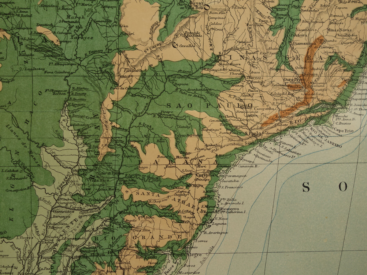 ZUID AMERIKA grote oude kaart van Zuid-Amerika 130+ jaar oude landkaart van continent uit 1890 originele vintage hoogtekaart