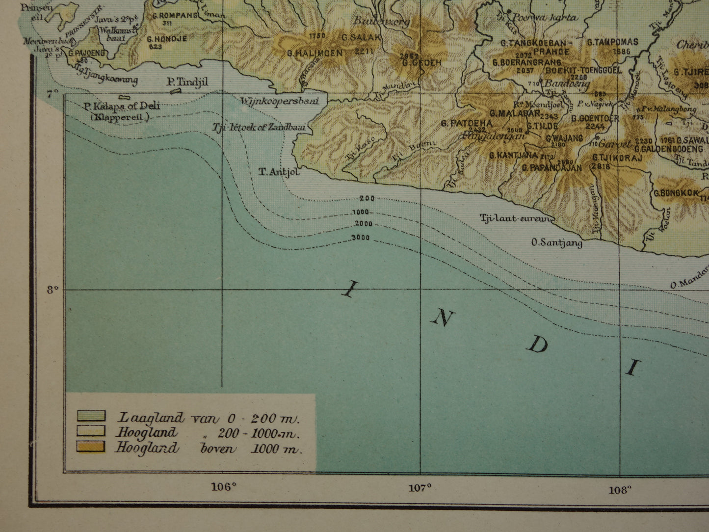 JAVA Antieke Nederlandse kaart van Java uit 1918 oude hoogtekaart landkaart vulkanen