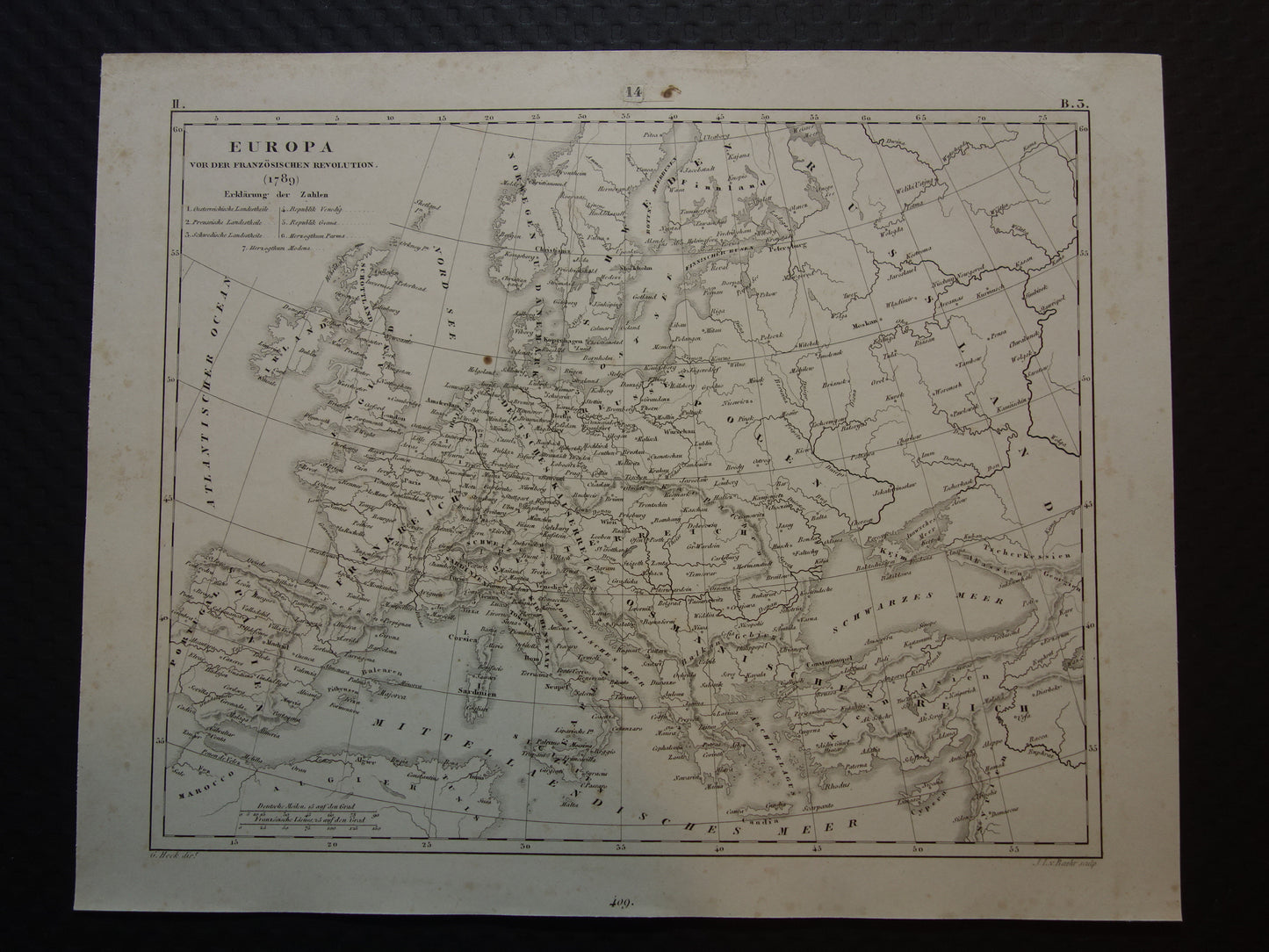 Old map of Europe in 1789 at the start of the French Revolution Original antique map black and white history map