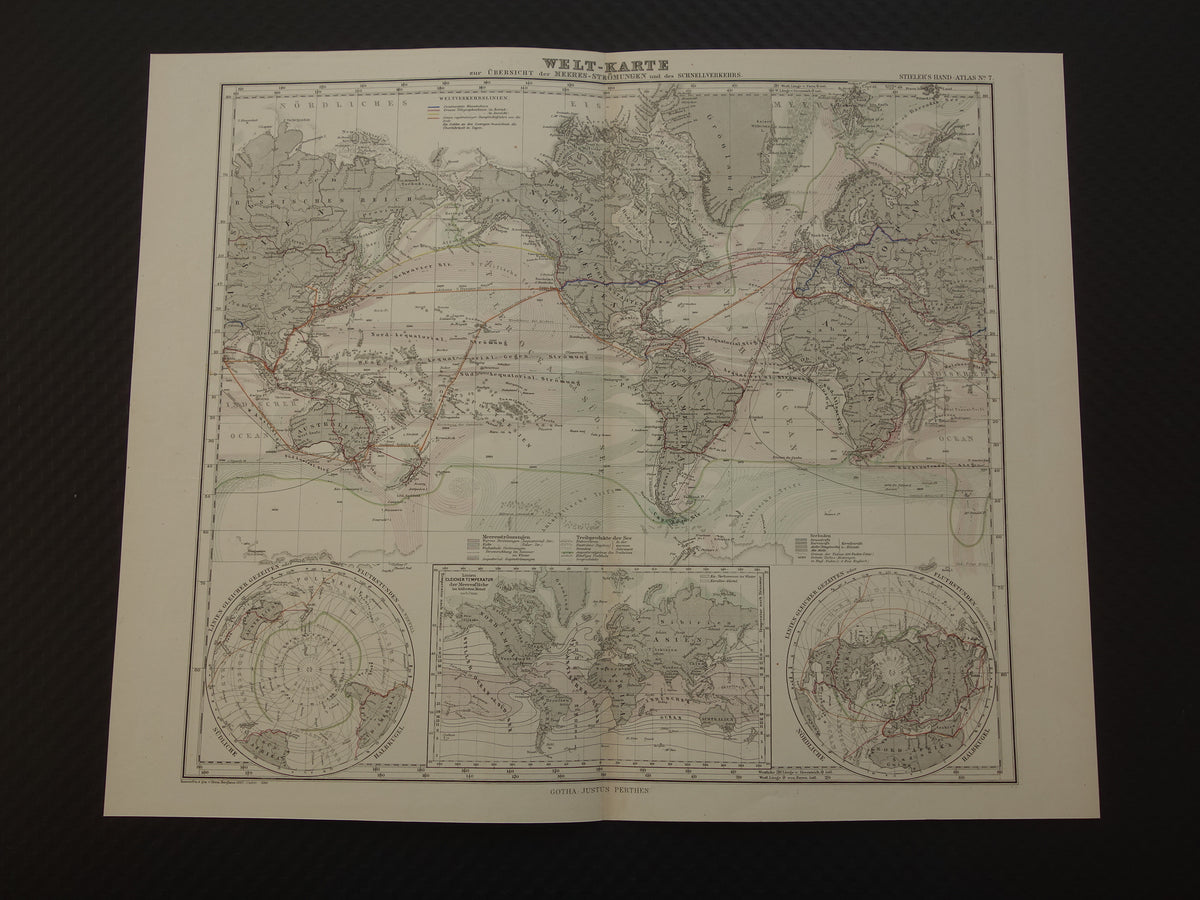 WERELDKAART oude kaart van de Wereld Zeestromingen en Transport 1880 originele antieke landkaart Zeestroom Oceaanstromingen Scheepvaartlijnen met datum