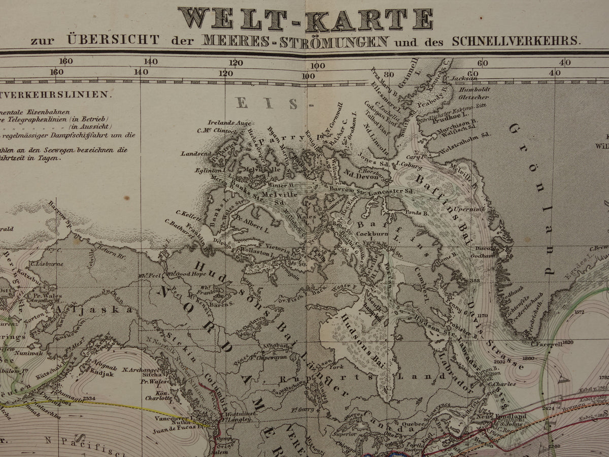 WERELDKAART oude kaart van de Wereld Zeestromingen en Transport 1880 originele antieke landkaart Zeestroom Oceaanstromingen Scheepvaartlijnen met datum