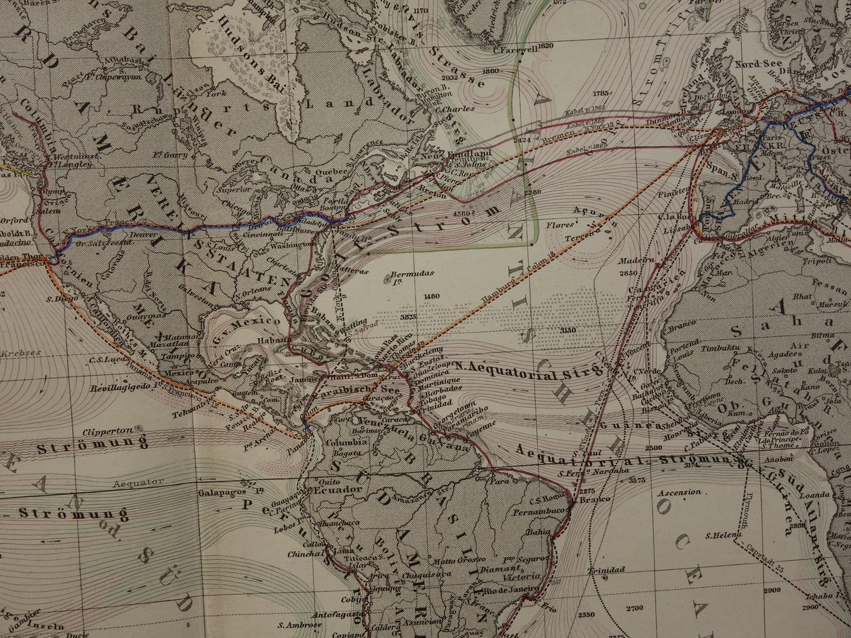 WERELDKAART oude kaart van de Wereld Zeestromingen en Transport 1880 originele antieke landkaart Zeestroom Oceaanstromingen Scheepvaartlijnen met datum