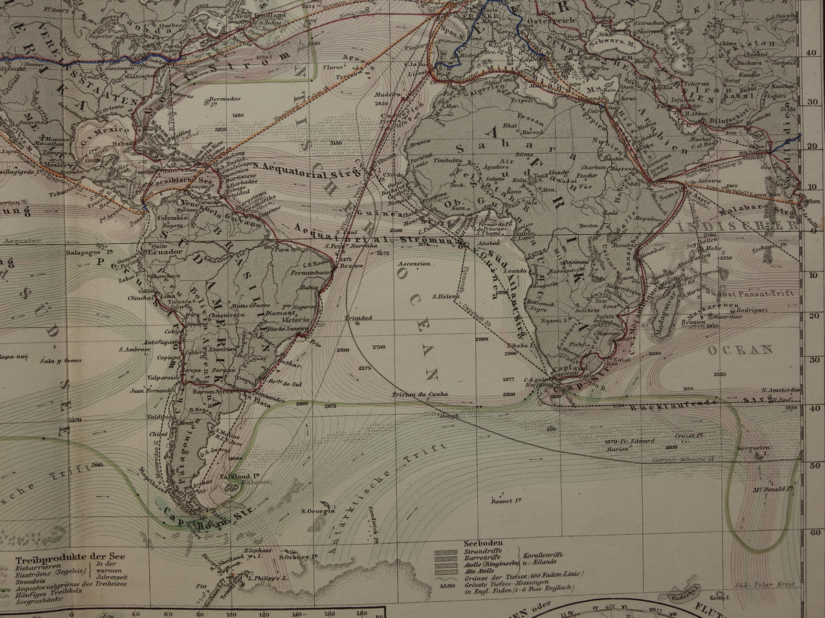 WERELDKAART oude kaart van de Wereld Zeestromingen en Transport 1880 originele antieke landkaart Zeestroom Oceaanstromingen Scheepvaartlijnen met datum