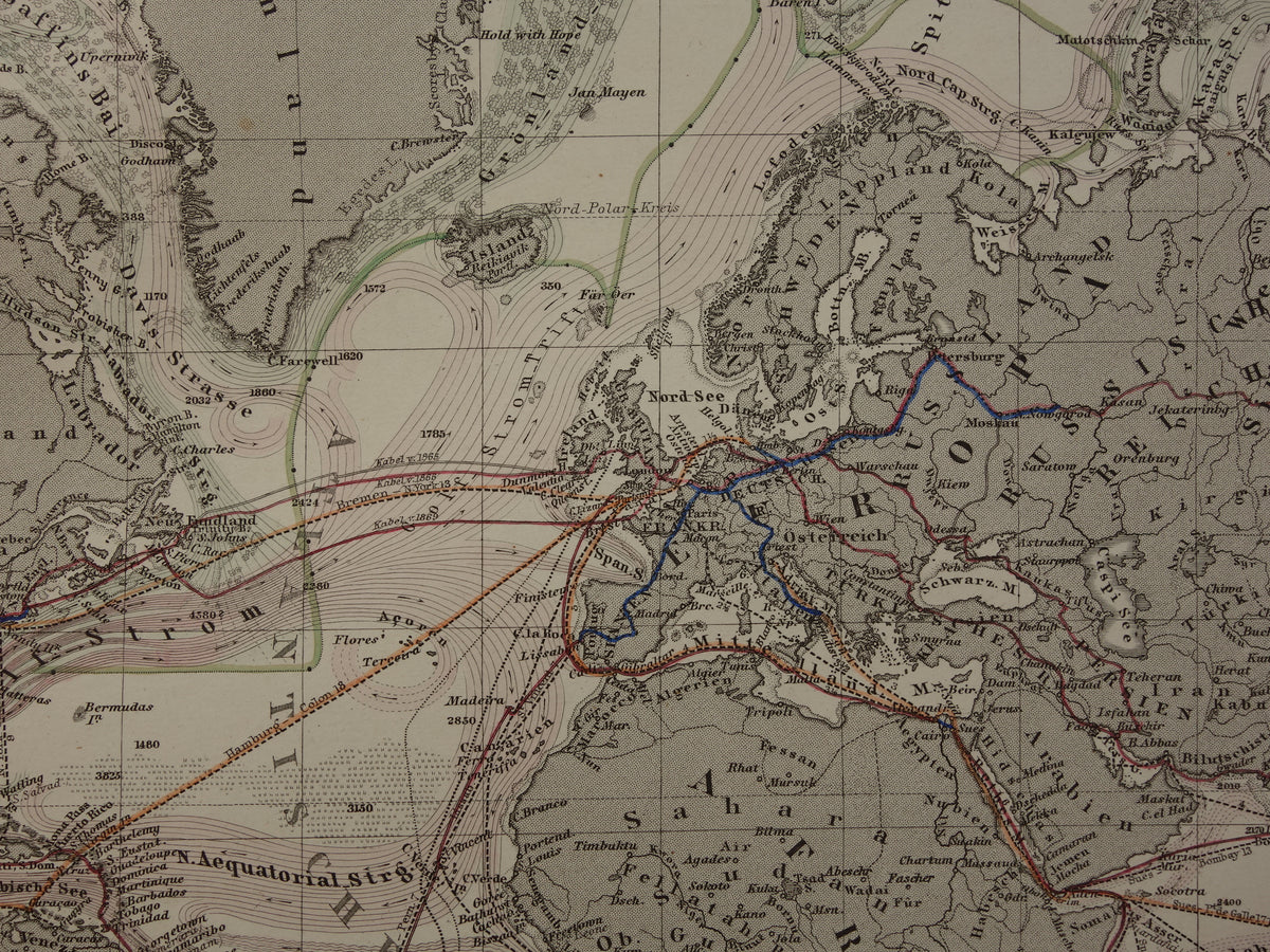 WERELDKAART oude kaart van de Wereld Zeestromingen en Transport 1880 originele antieke landkaart Zeestroom Oceaanstromingen Scheepvaartlijnen met datum