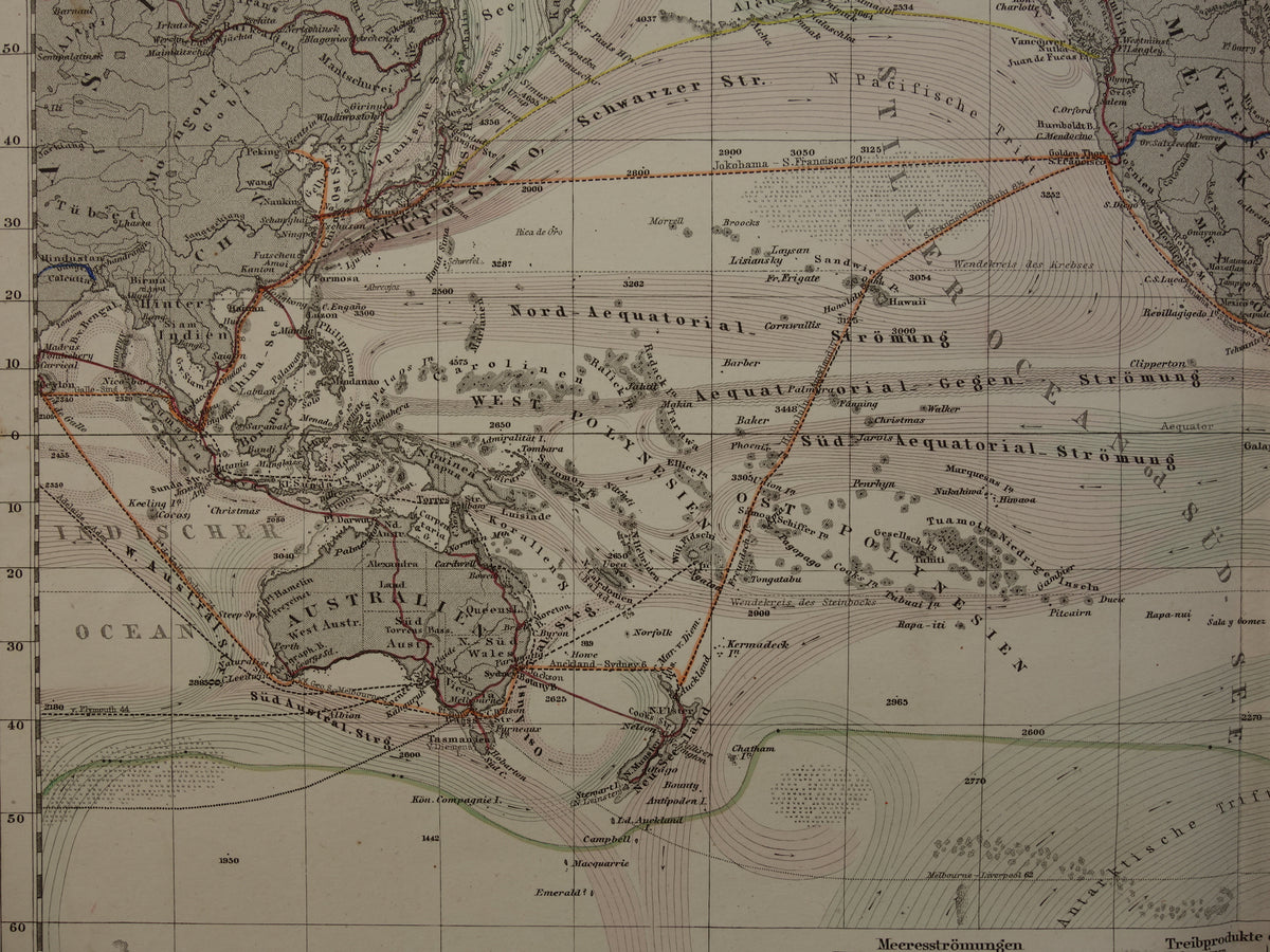 WERELDKAART oude kaart van de Wereld Zeestromingen en Transport 1880 originele antieke landkaart Zeestroom Oceaanstromingen Scheepvaartlijnen met datum