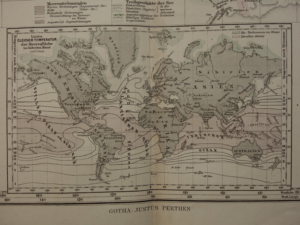 WERELDKAART oude kaart van de Wereld Zeestromingen en Transport 1880 originele antieke landkaart Zeestroom Oceaanstromingen Scheepvaartlijnen met datum