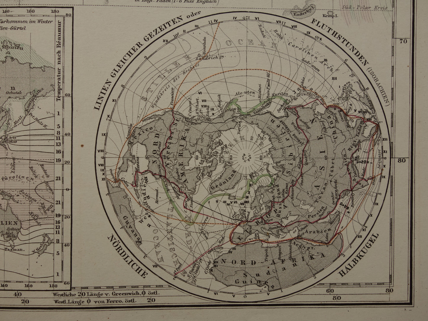 WERELDKAART oude kaart van de Wereld Zeestromingen en Transport 1880 originele antieke landkaart Zeestroom Oceaanstromingen Scheepvaartlijnen met datum