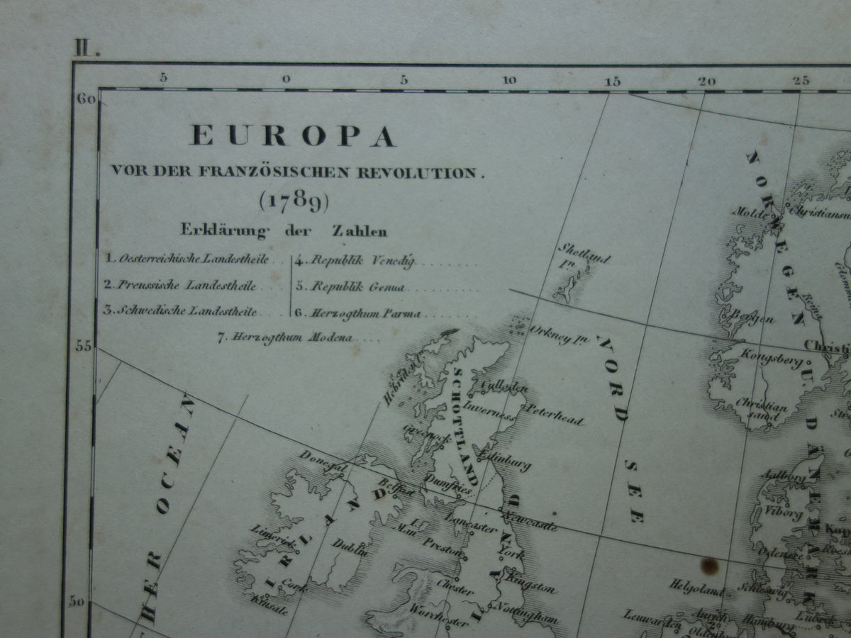 Old map of Europe in 1789 at the start of the French Revolution Original antique map black and white history map
