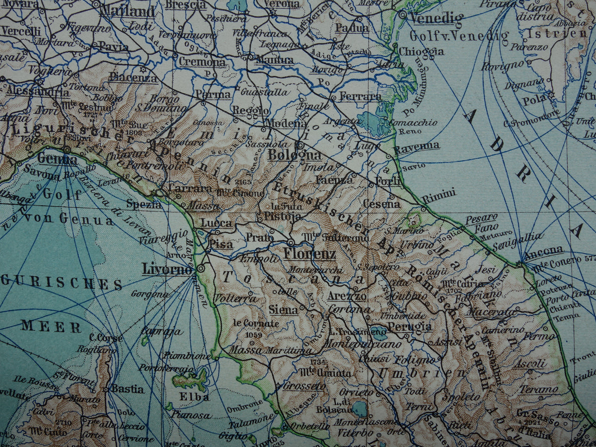 Oude landkaart van ITALIË uit 1905 originele antieke Duitse kaart Italië