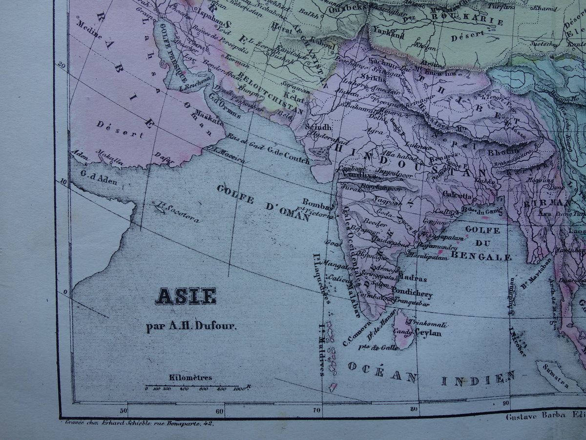 ASIA old map of Asia from 1858 set of 2 original antique French maps China India Indonesia vintage maps