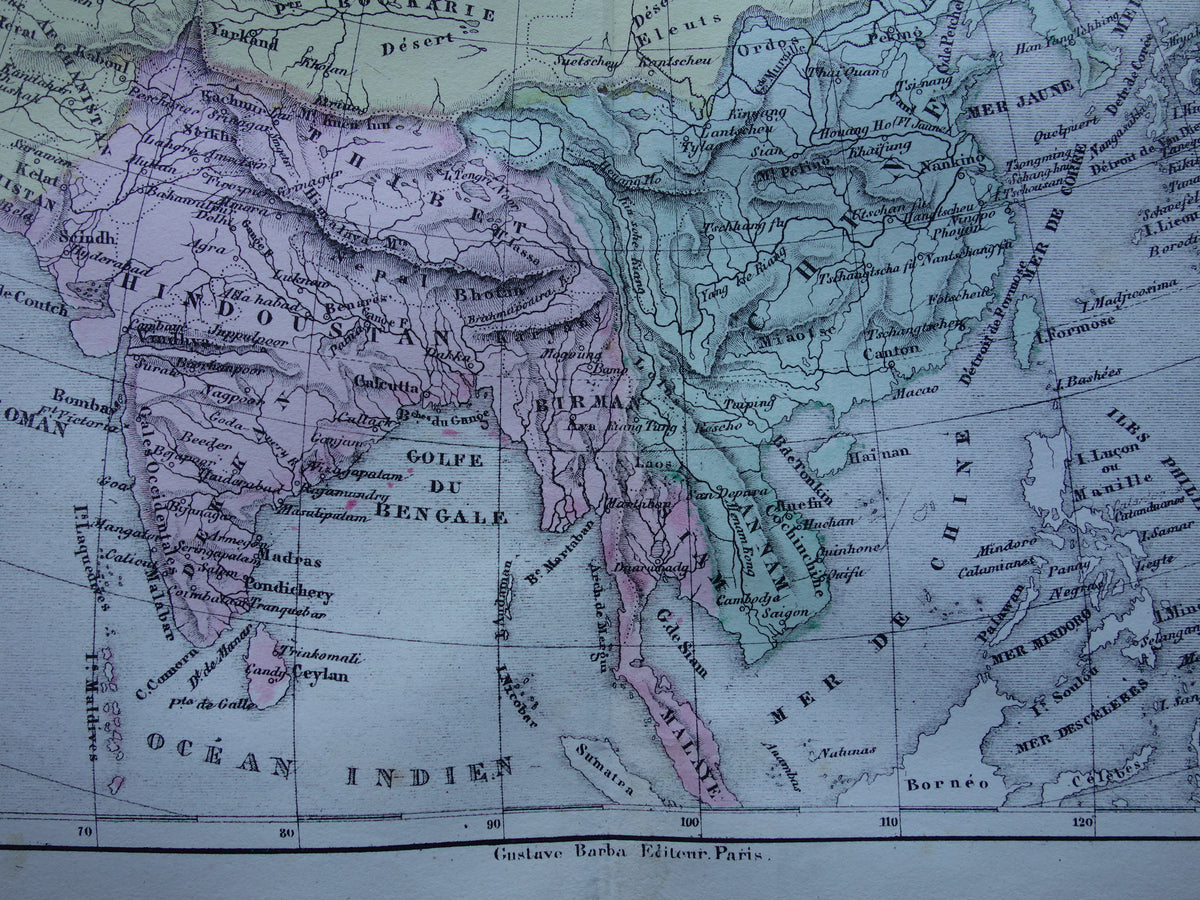 ASIA old map of Asia from 1858 set of 2 original antique French maps China India Indonesia vintage maps