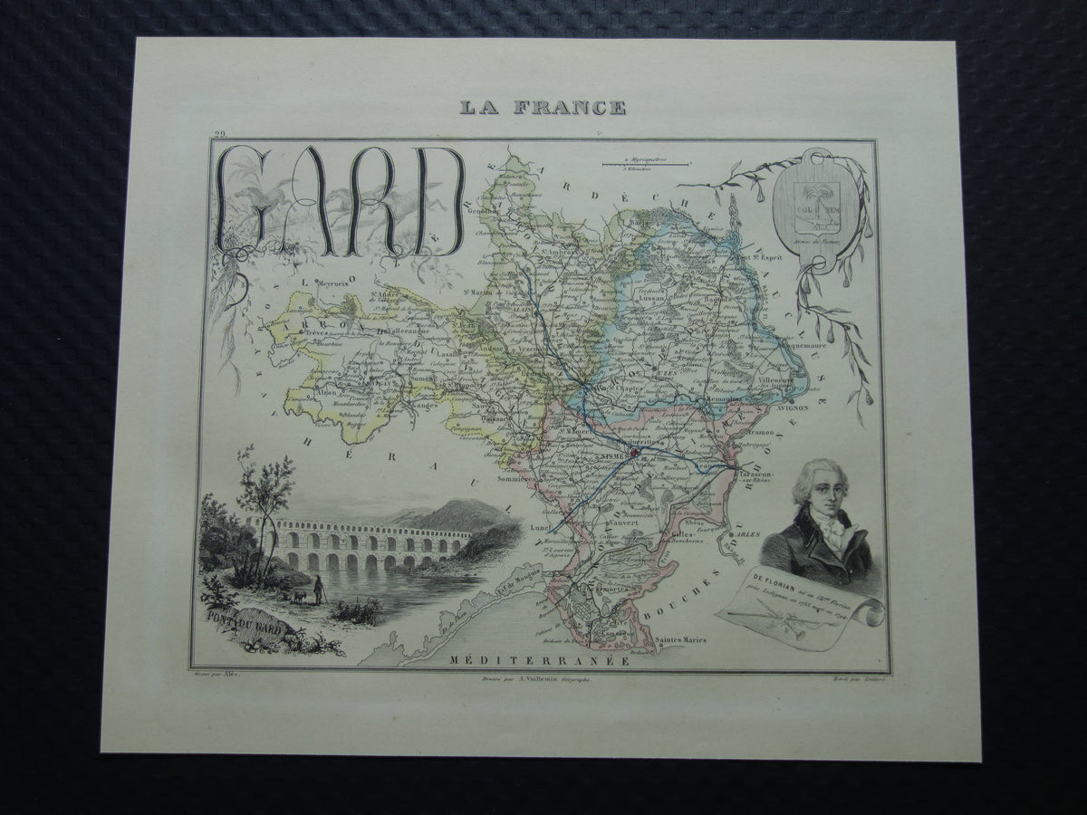 GARD Frankrijk Oude kaart uit 1856 originele antieke handgekleurde landkaart Gard departement Nîmes Pont du Gard
