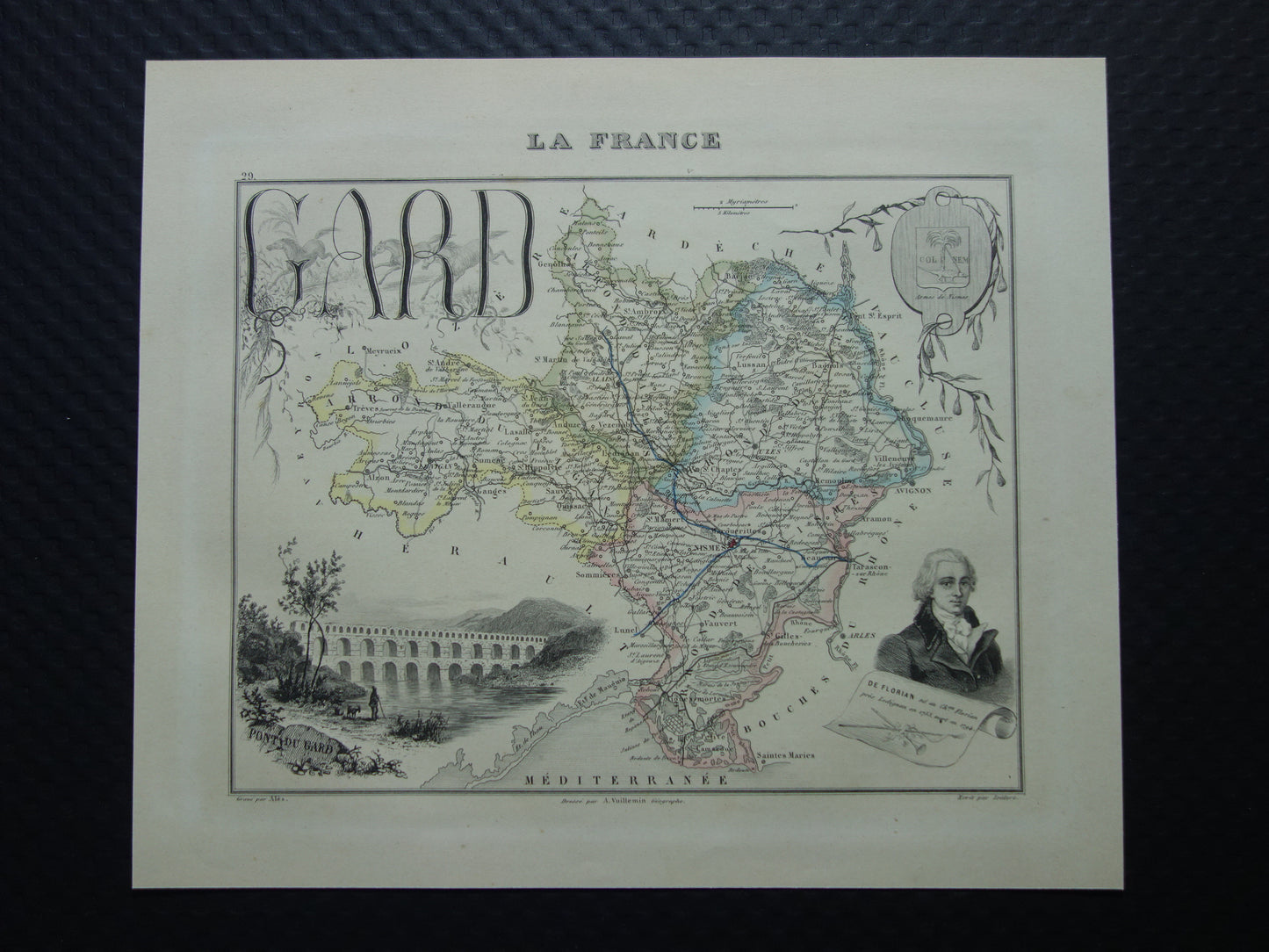 GARD France Old map from 1856 original antique hand-colored map Gard department Nîmes Pont du Gard
