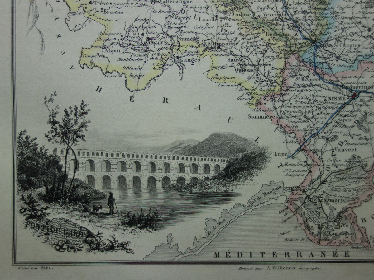 GARD Frankrijk Oude kaart uit 1856 originele antieke handgekleurde landkaart Gard departement Nîmes Pont du Gard