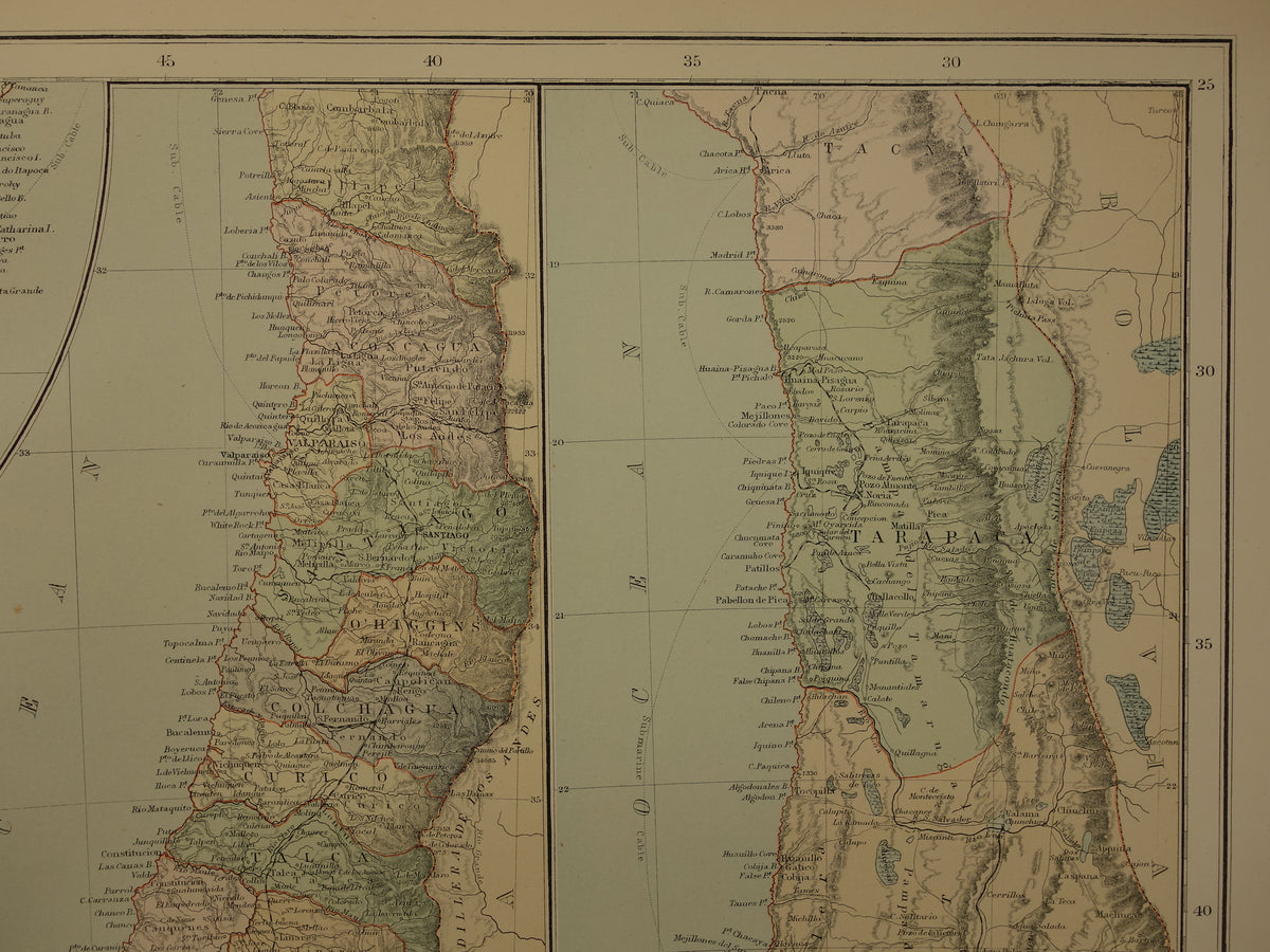 Chili Oude kaart van Chili uit 1890 Grote antieke Engelse landkaart