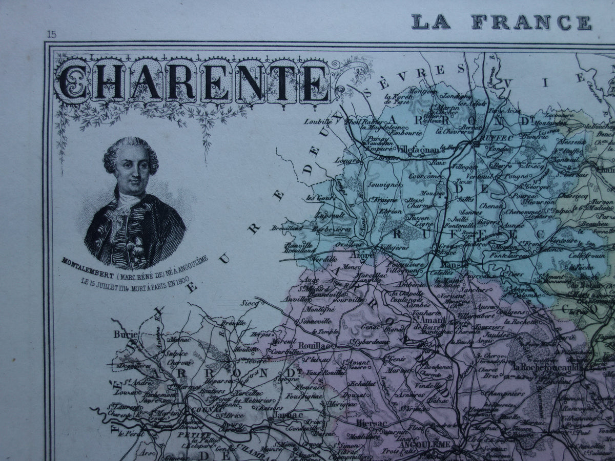 Oude kaart van Charente departement in Frankrijk uit 1886 originele antieke handgekleurde landkaart Cognac Angoulême
