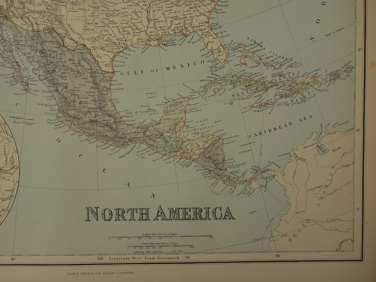 Old map of North America from 1890 Large antique English map