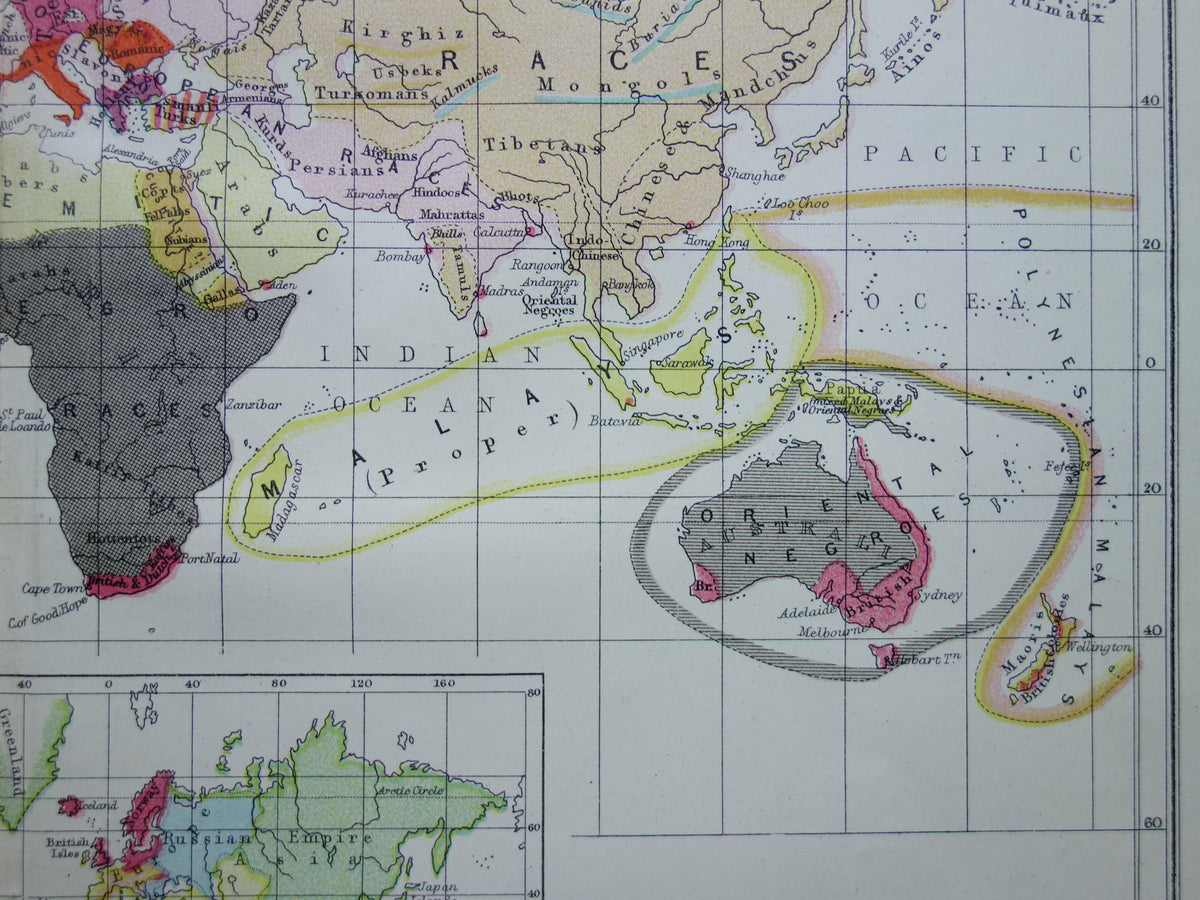 Vintage WERELDKAART oude etnografische kaart van de Wereld uit 1871 Antieke print Antropologie Volkenkunde Ethnologie Menselijke Rassen
