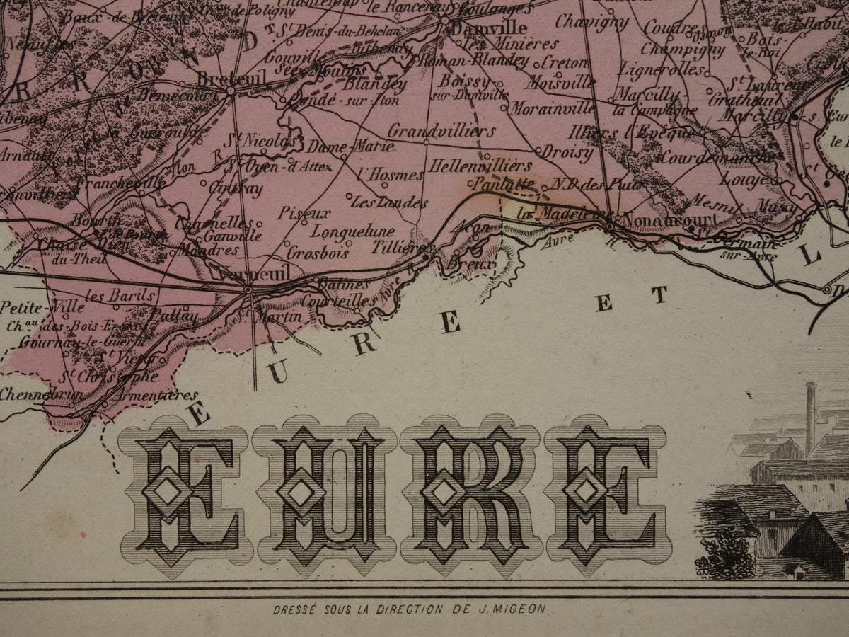 EURE Kaart van Eure departement in Frankrijk uit 1883 originele antieke oude handgekleurde landkaart Evreux